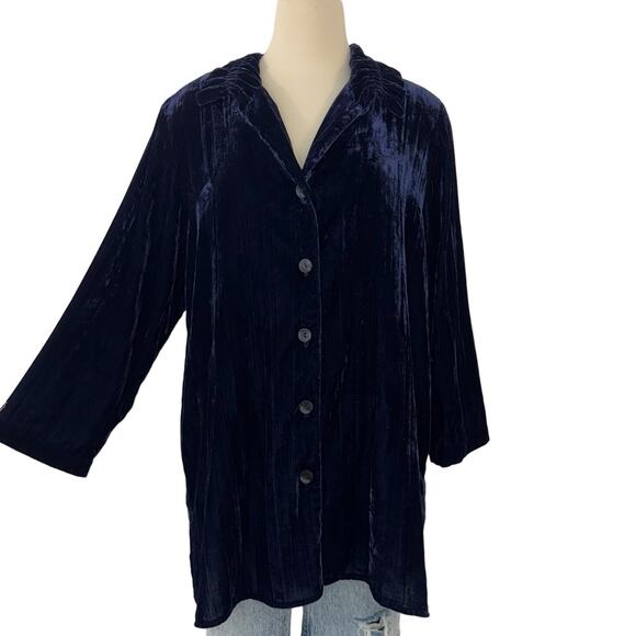 Caroline Rose Crushed Velvet Tunic Top Blouse Button-Down Shirt Midnight Blue L - Picture 1 of 12